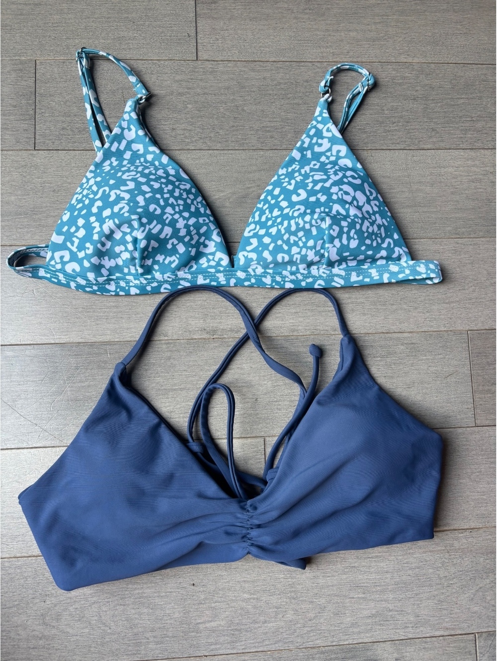 Set of Two Blue Triangle Bikini Tops  Solid Navy Blue Leopard Print Swim Small